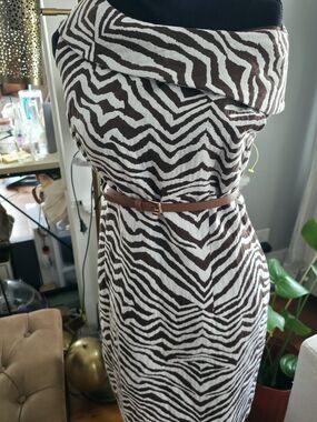 Dana Buchman One-Shoulder Zebra Print Dress in Brown and White